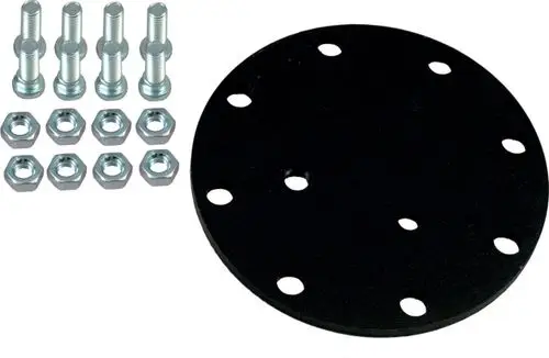 Schwarze Metallplatte mit mehreren Befestigungslöchern, begleitet von Schrauben und Unterlegscheiben, hergestellt von Wolf.